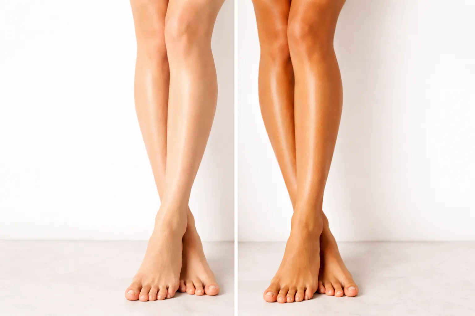 Risultato prima e dopo — gel autoabbronzante BRONZEA