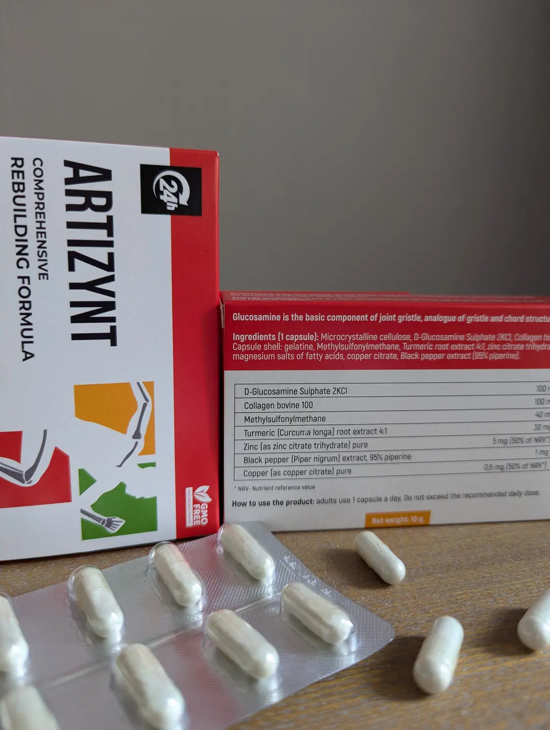 Confezione di ArtiZynt Comprehensive Rebuilding Formula con blister di capsule e tabella ingredienti