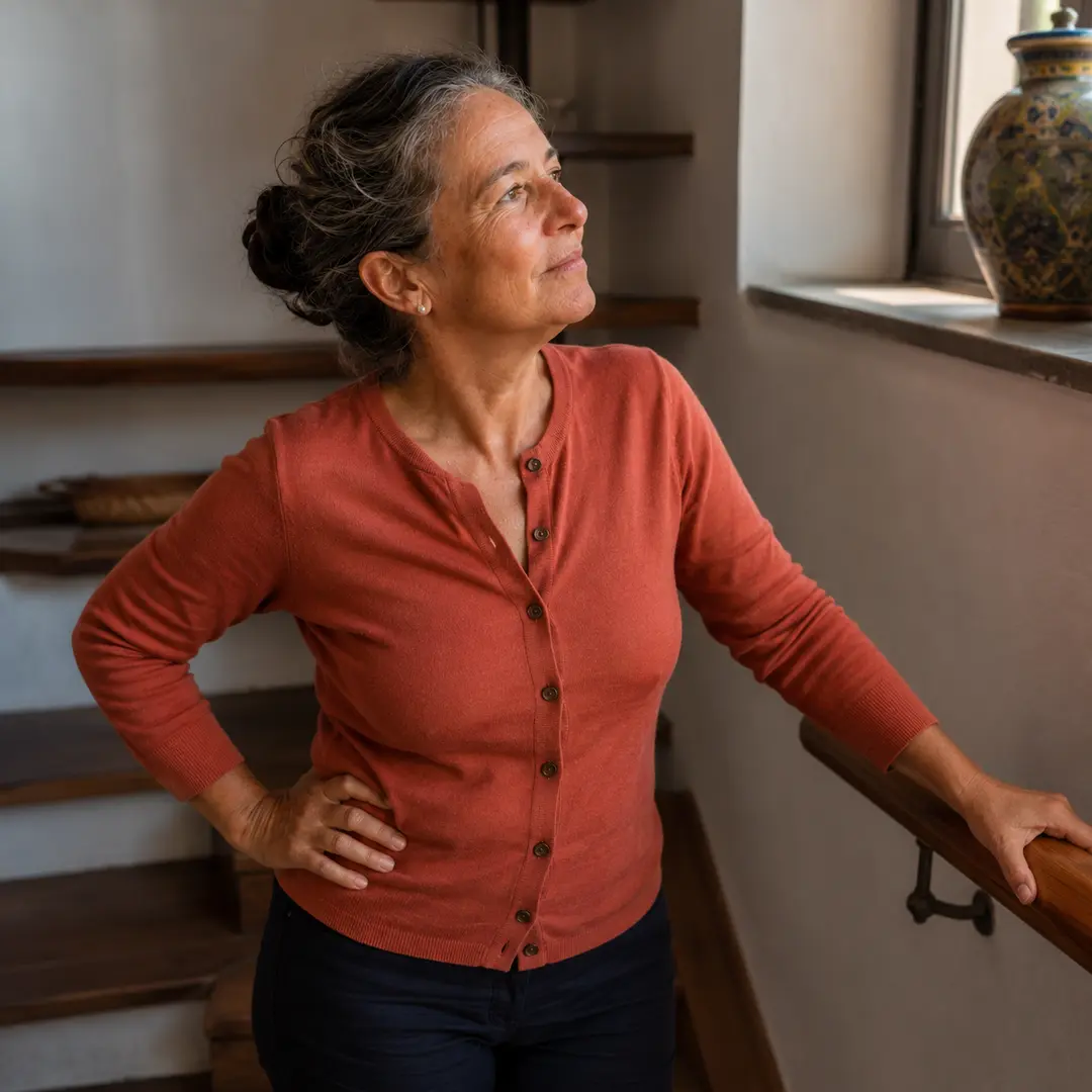 Anna, 61 anni, ferma a metà delle scale di casa con la mano sul corrimano
