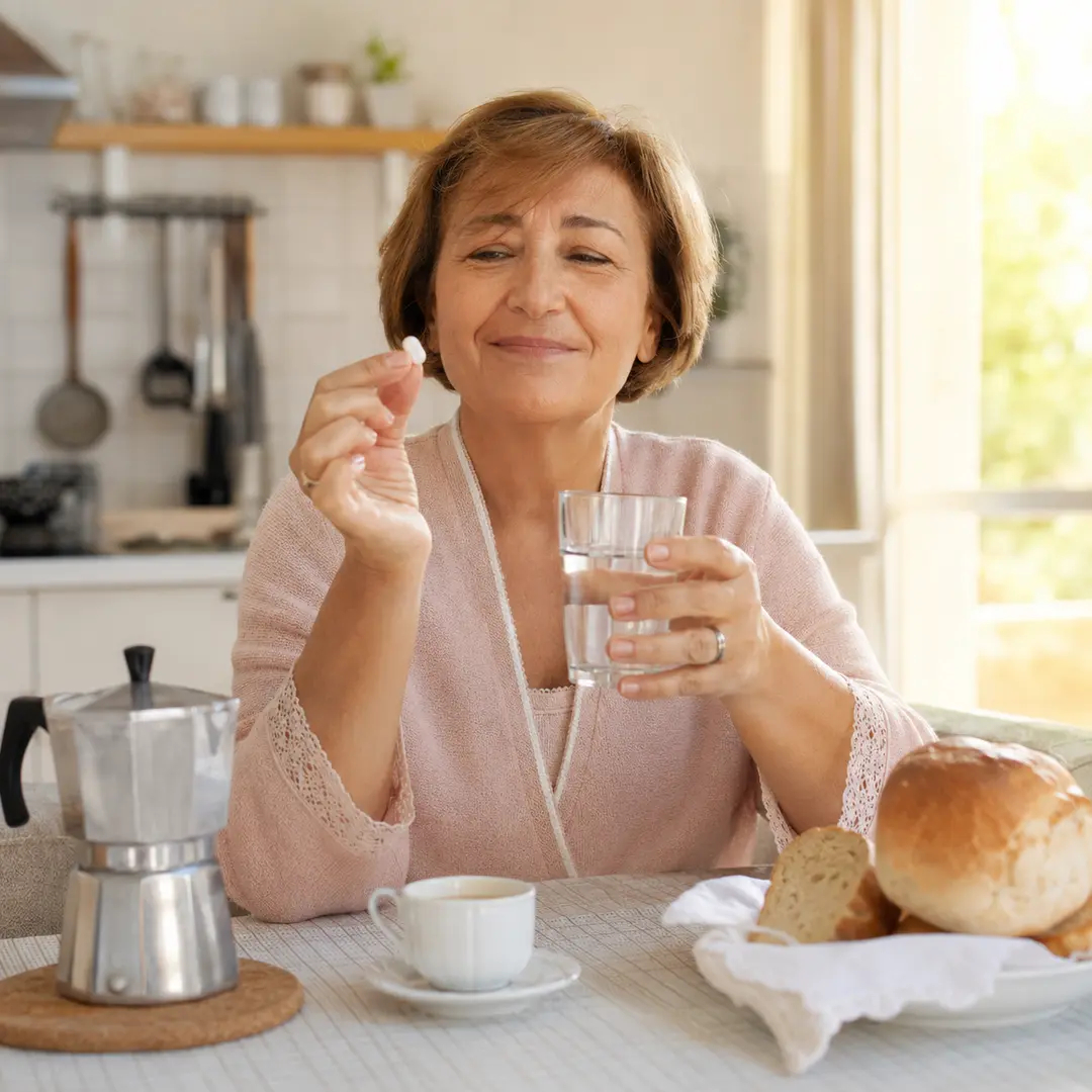 Donna di 60 anni sorridente a colazione prende la sua capsula con un bicchiere d'acqua