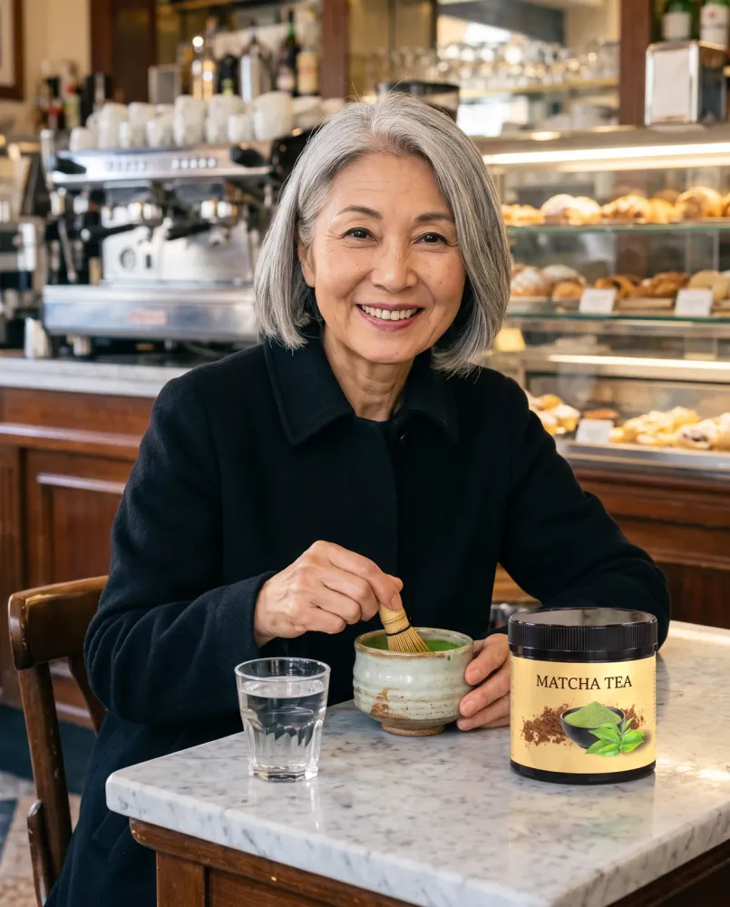 La signora Aiko prepara il suo tè matcha al tavolino del bar
