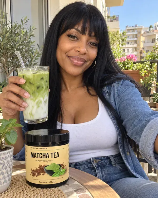 Cliente con il matcha latte freddo sul balcone
