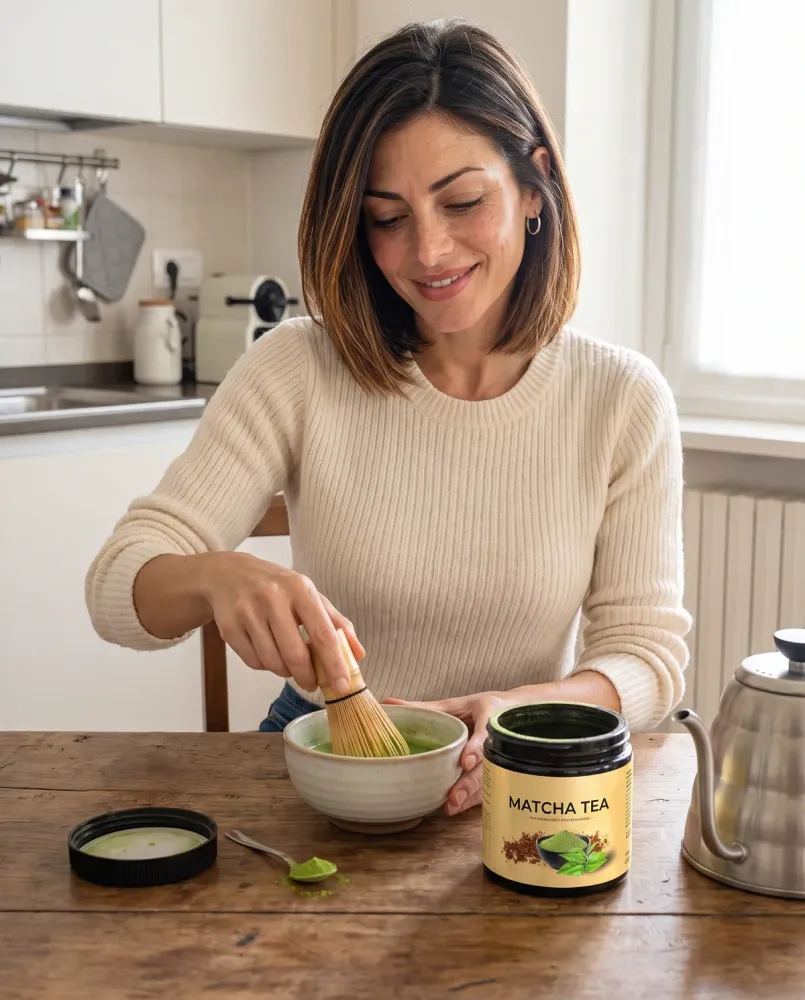 Giulia prepara il tè matcha in cucina con il frustino prima di andare al lavoro