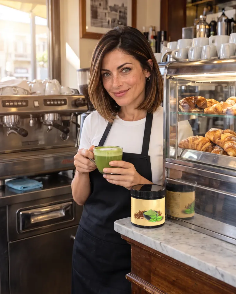 Giulia, barista a Milano, dietro il bancone con la sua tazza di tè matcha