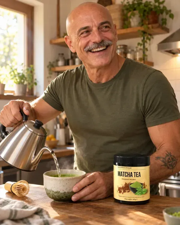 Cliente che prepara il matcha in cucina la mattina