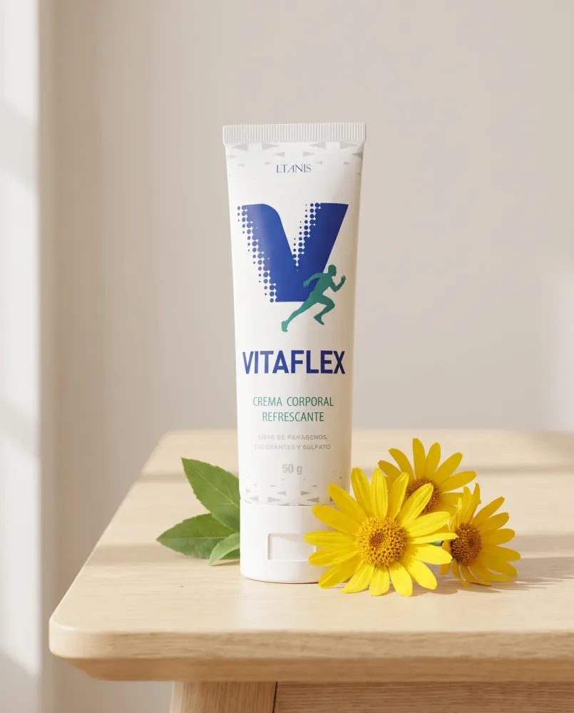 Crema Vitaflex de árnica y mentol junto a flores de árnica