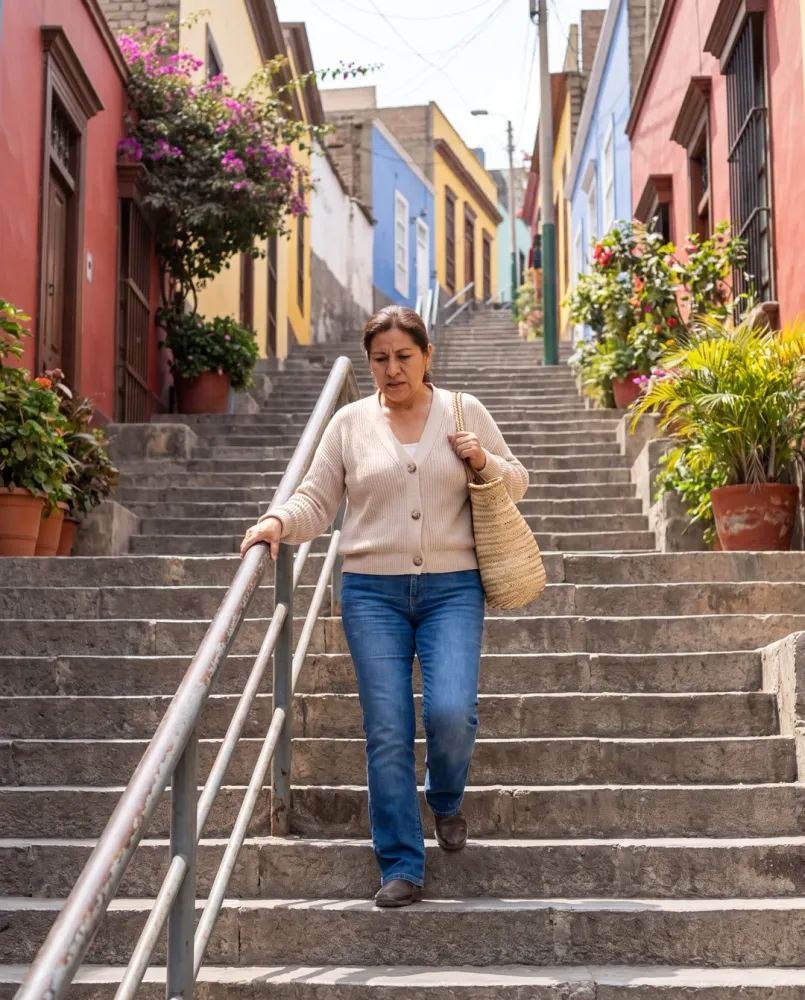 Mujer peruana con su bolsa del mercado en una escalera de piedra de Lima, agarrada a la baranda