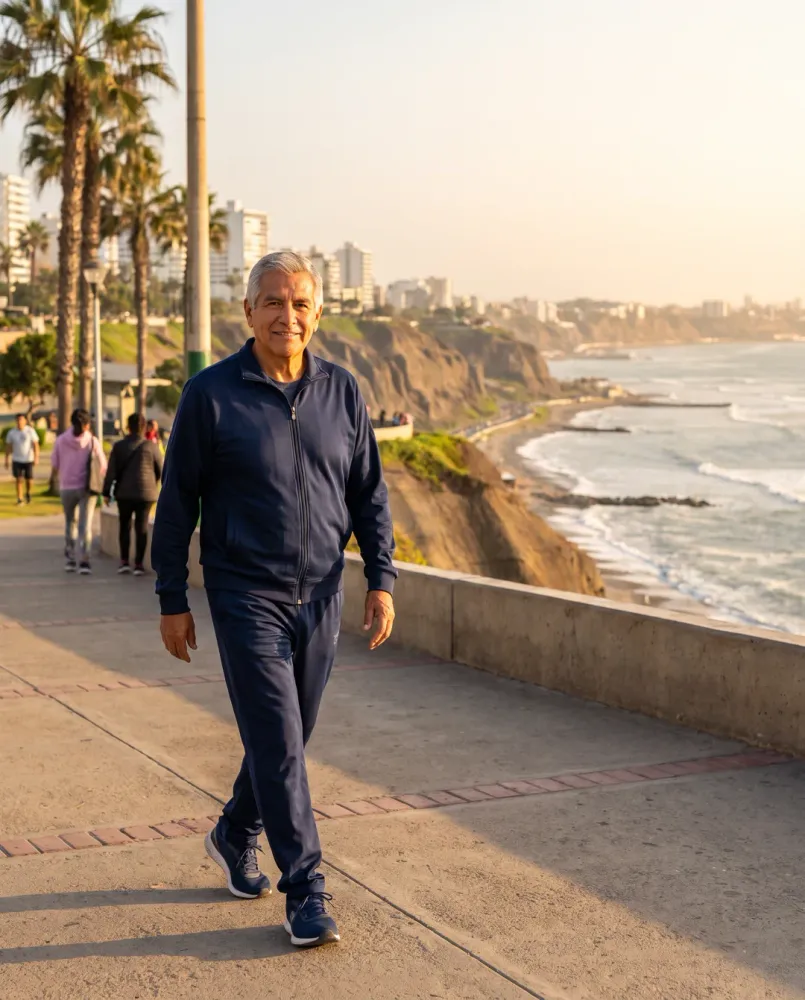 Señor peruano caminando tranquilo por el malecón al amanecer