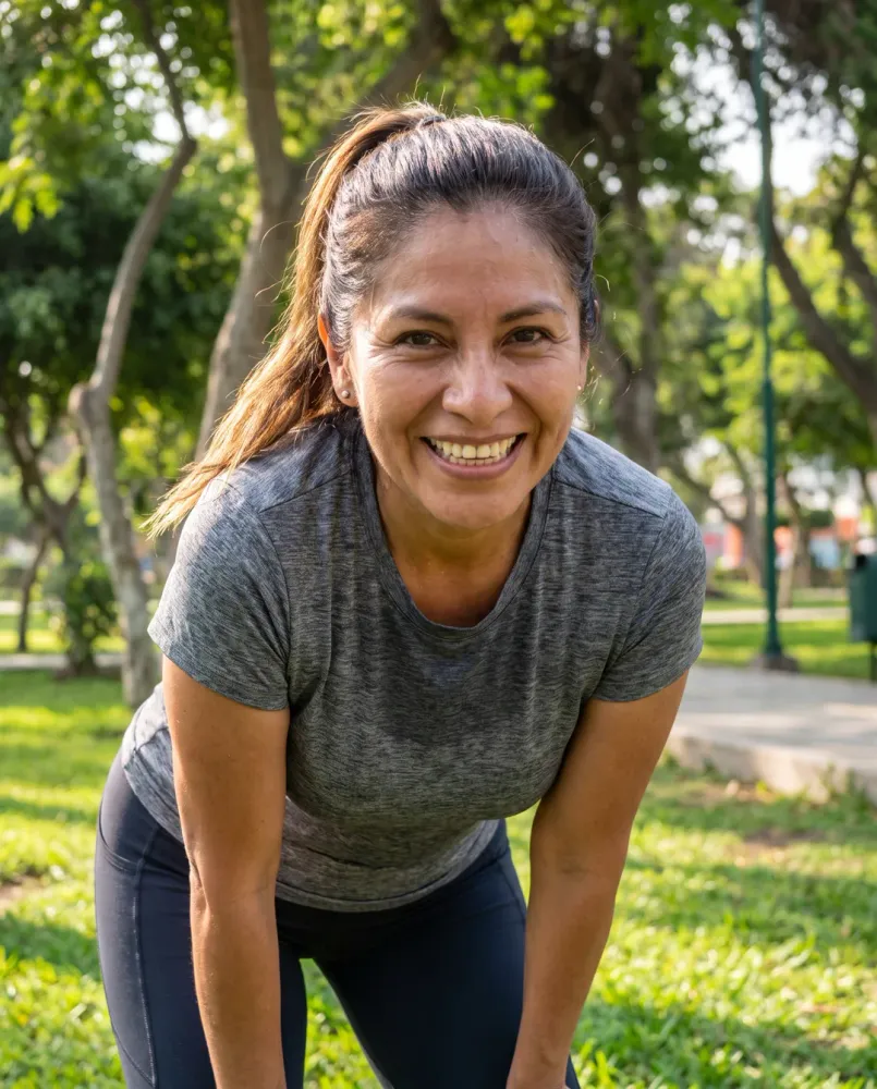 Mujer peruana después de su caminata con ropa deportiva