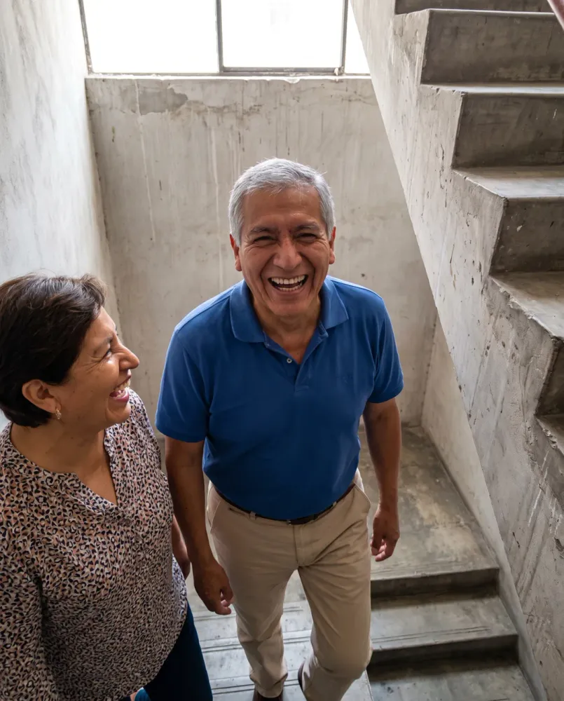 Señor peruano subiendo las escaleras de su casa