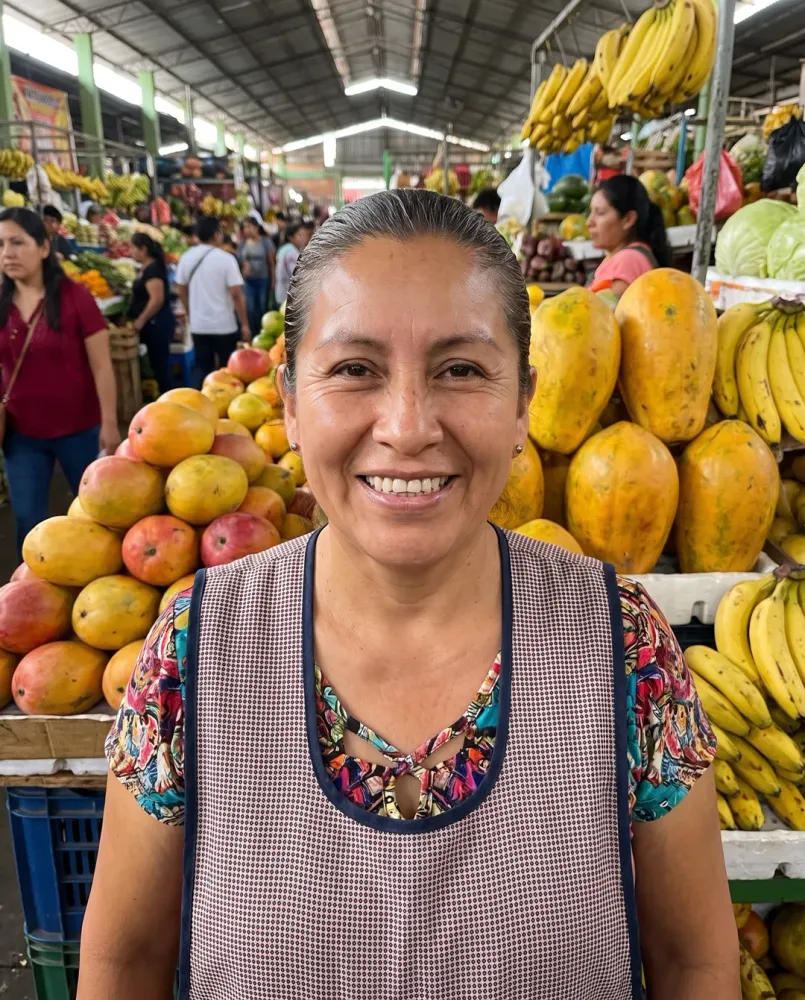 Señora peruana sonriente en su puesto del mercado