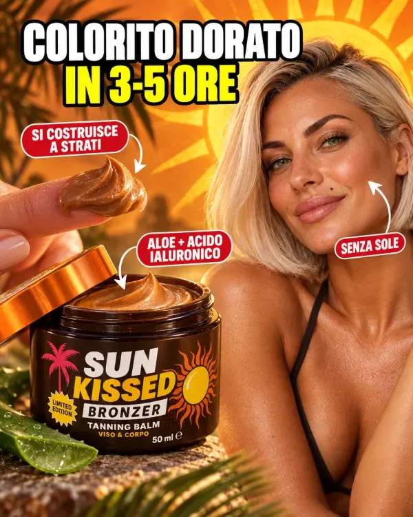 La crema dorata sulla punta del dito accanto al vasetto aperto di Sun Kissed e una donna bionda dal colorito dorato che sorride