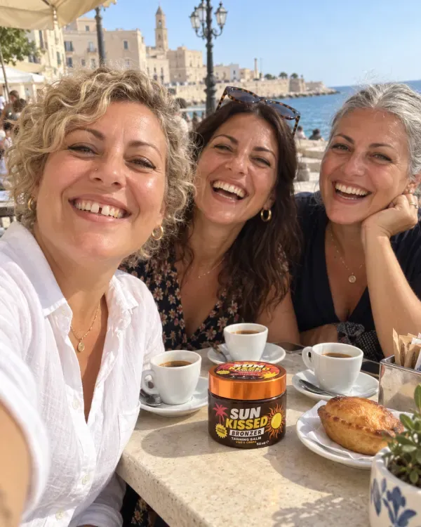 Silvia fa un selfie con due amiche al bar sul lungomare, sorridenti, con Sun Kissed sul tavolino accanto ai caffè