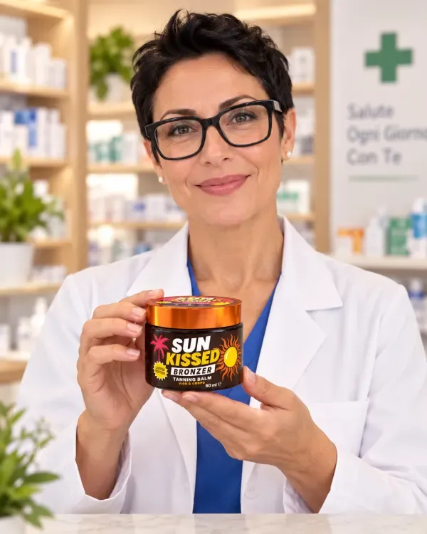 La farmacista, in camice, sorride e mostra un vasetto di Sun Kissed