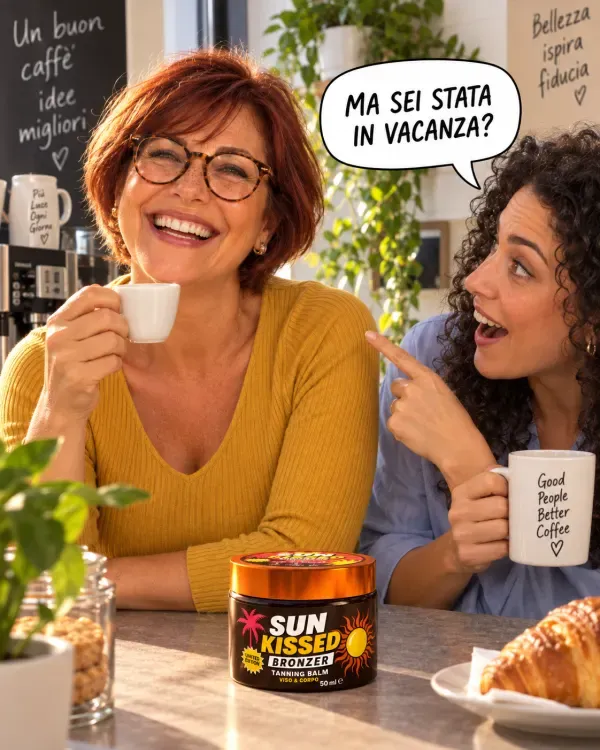 Francesca ride con il caffè in mano e il viso dorato, mentre la collega le chiede se è stata in vacanza