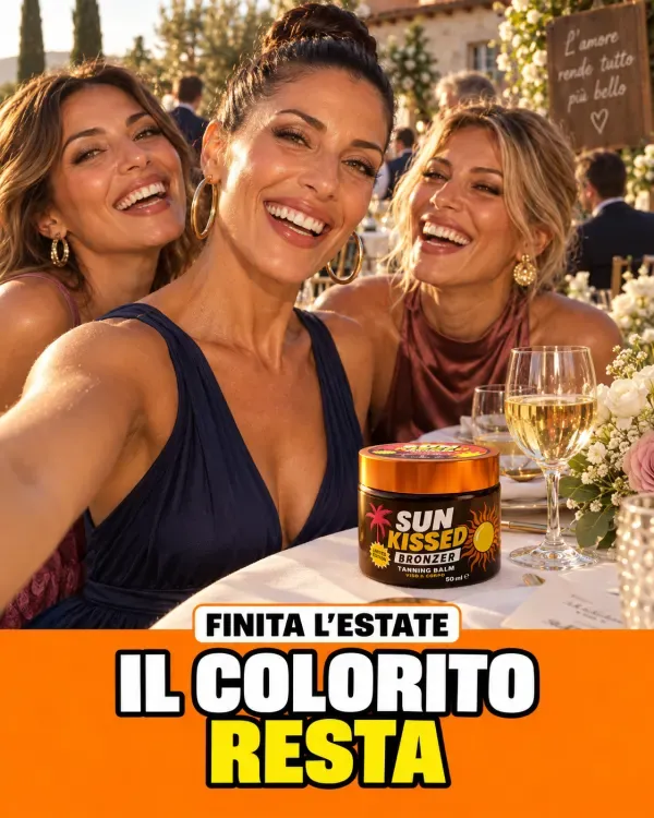 Tre amiche dal colorito dorato si fanno un selfie ridendo al tavolo di un matrimonio, con Sun Kissed accanto al bicchiere