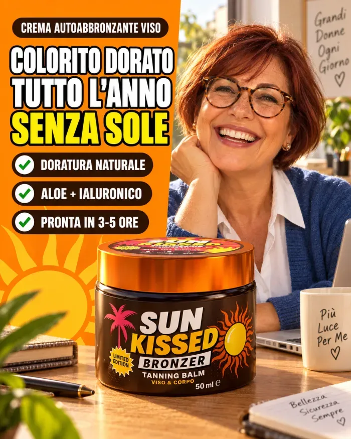 Donna con caschetto ramato e occhiali che ride alla scrivania, con il vasetto di Sun Kissed in primo piano