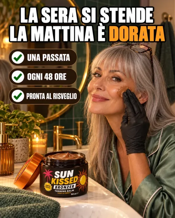 Donna con i capelli argento stende Sun Kissed con il guanto, la sera, davanti allo specchio del bagno