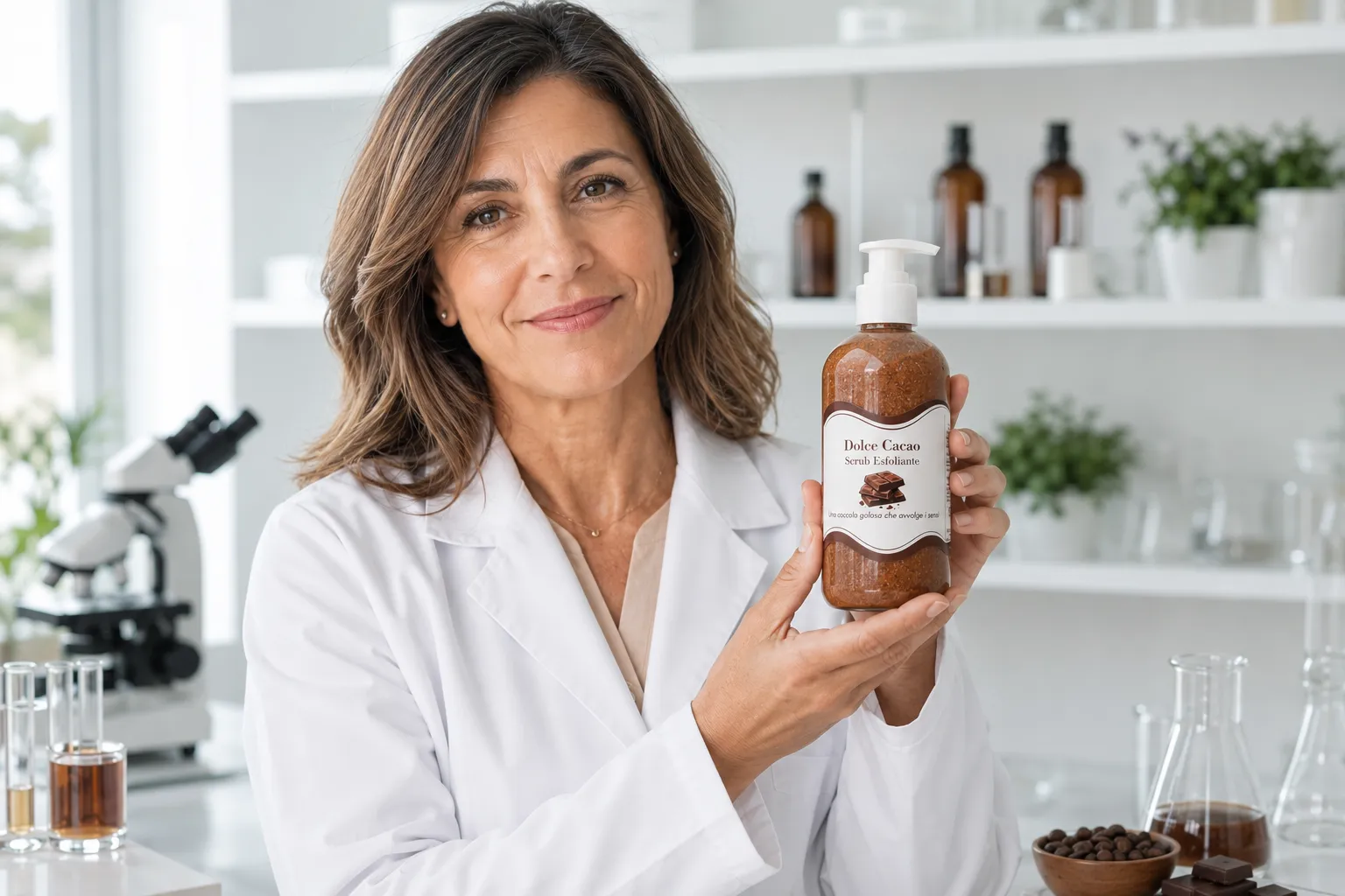 La Dott.ssa Ricci mostra lo scrub Dolce Cacao in laboratorio