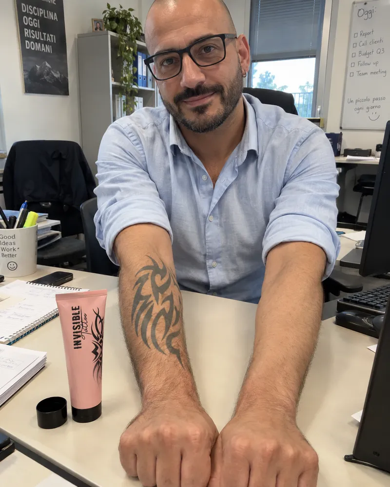 Marco in ufficio con le maniche arrotolate e l'avambraccio coperto