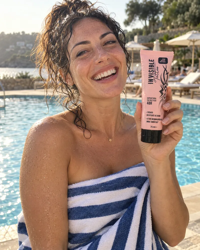 Ilaria a bordo piscina con la spalla coperta