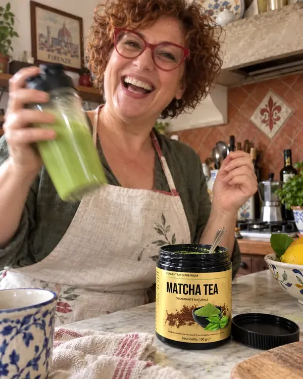 Monica in cucina che agita lo shaker con il matcha