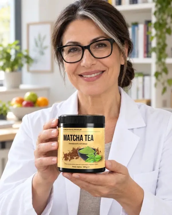 La dottoressa Elena Martini, biologa nutrizionista, con il barattolo di Matcha Tea nel suo studio
