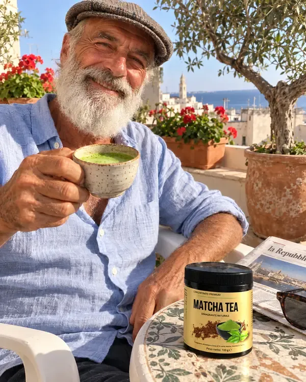 Antonio in terrazza al mattino con la tazza di matcha e il barattolo sul tavolino