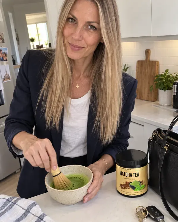 Francesca in cucina la mattina, vestita per l'ufficio, che frusta il matcha nella tazza