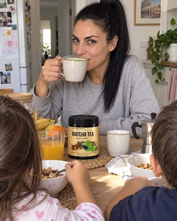 Laura al tavolo della colazione con i bambini, lei con la tazza di matcha in mano