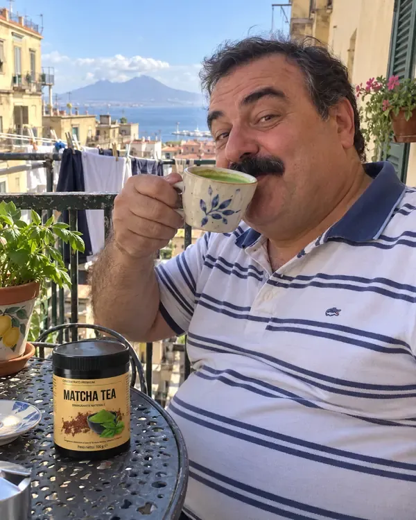 Giuseppe sul balcone la mattina che beve la tazza di matcha verde
