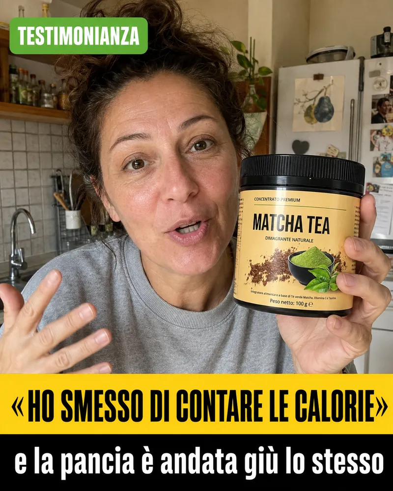 Cliente mostra il barattolo di Matcha Tea concentrato premium