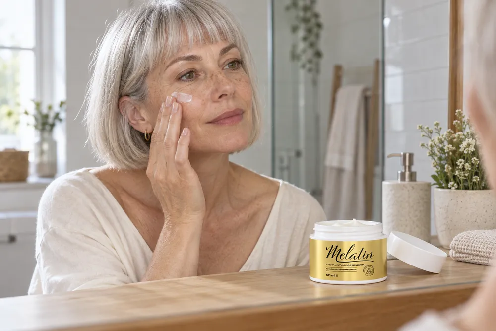 Donna che applica la crema viso davanti allo specchio