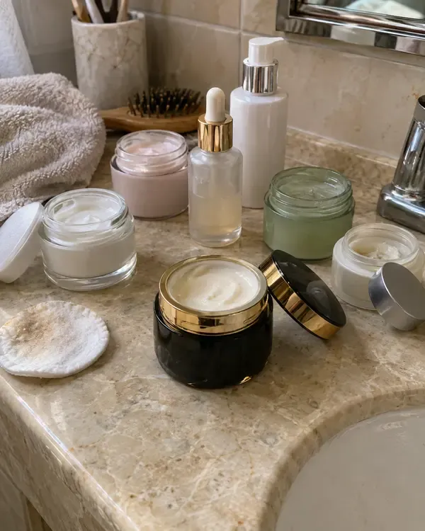 I barattoli di crema già provati, sul ripiano del bagno