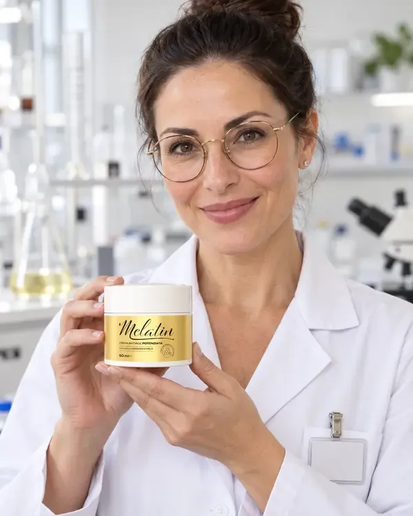 La biologa con un barattolo di Melatin in mano