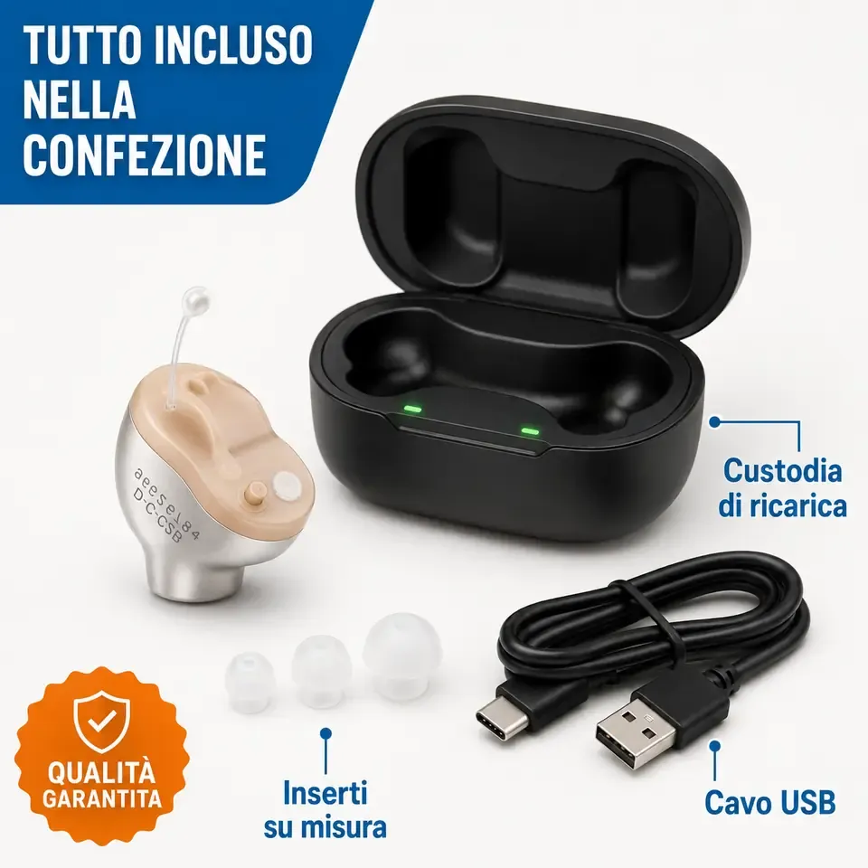 SentiChiaro con custodia di ricarica, inserti su misura e cavo USB