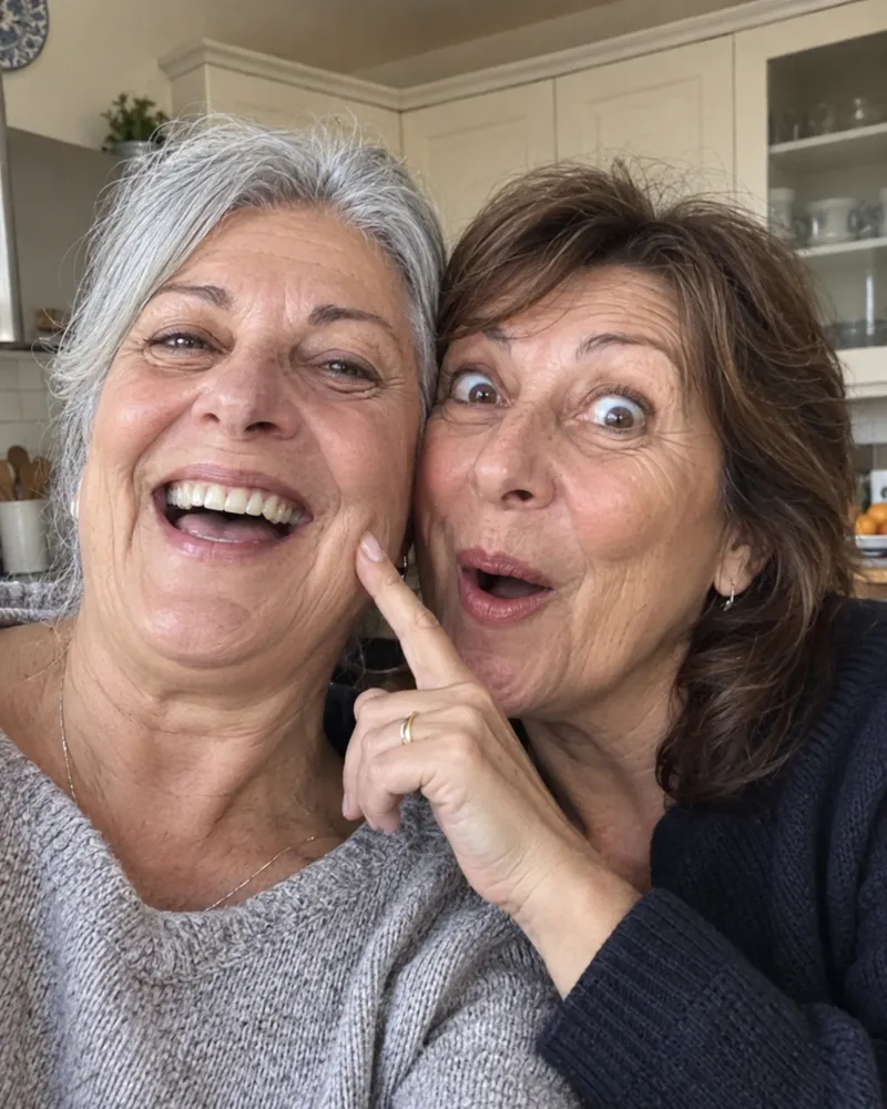 Katia, 63 anni, ride in un selfie con la sorella che le tocca la guancia