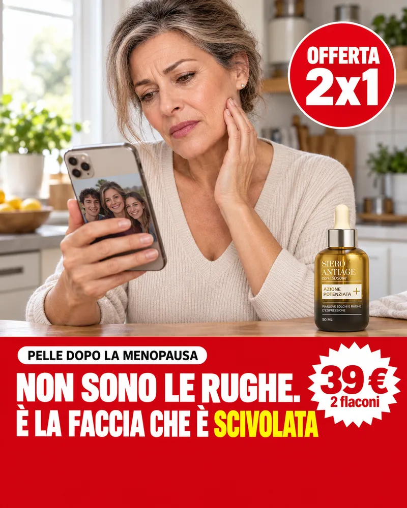 Donna guarda una foto di famiglia sul telefono: non sono le rughe, è la faccia che è scivolata. Offerta 2x1