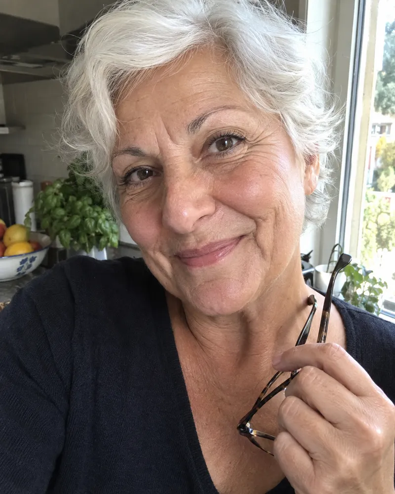 Patrizia, 66 anni, mostra il contorno occhi alla luce della finestra