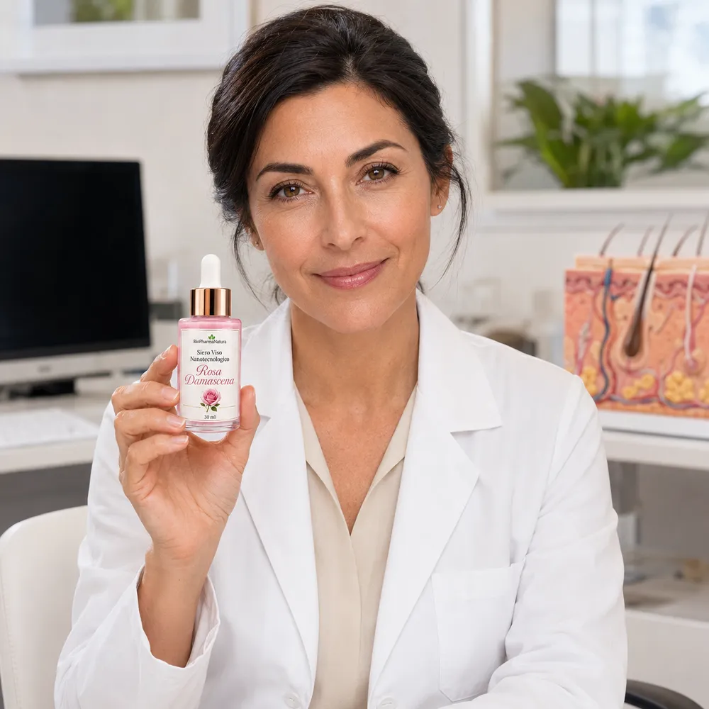 Dermatologa con la boccetta del Siero Viso alla Rosa Damascena