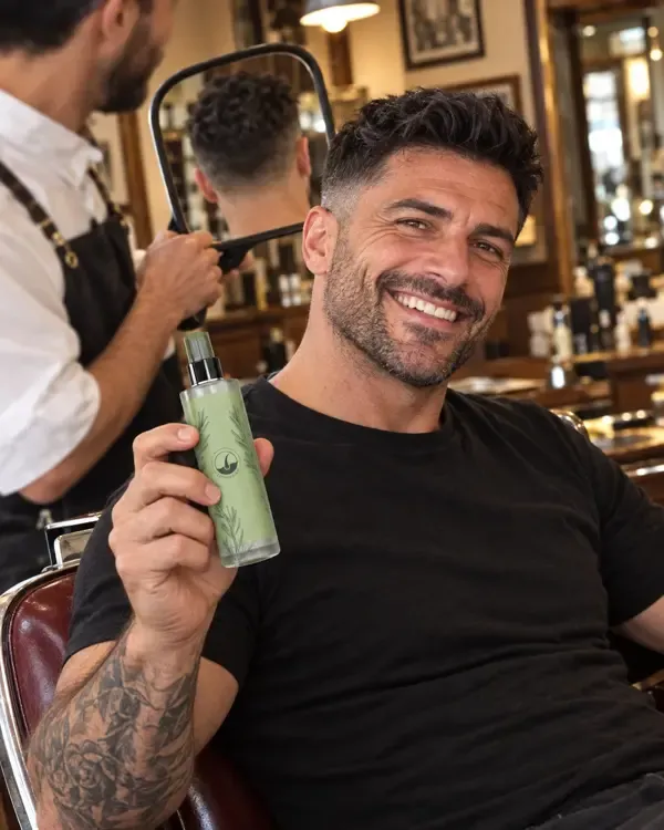 Davide dal barbiere che si guarda la nuca più folta nello specchietto