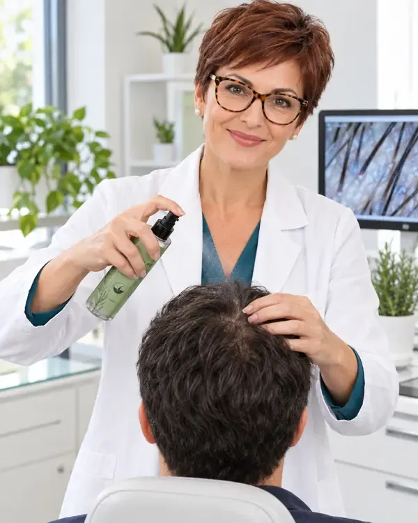 Tricologa che spruzza lo spray al rosmarino sul cuoio capelluto di un cliente