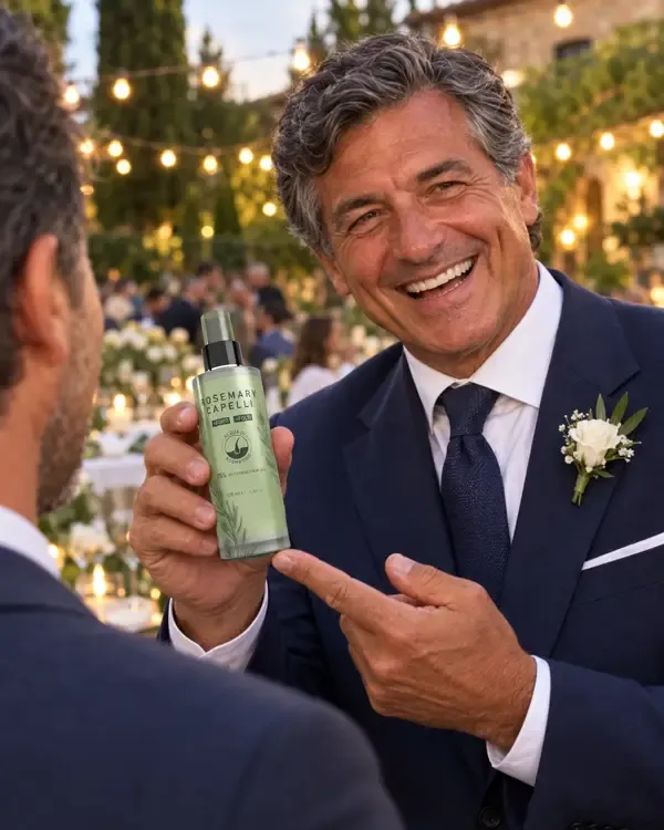 Sergio sorridente a un matrimonio in giacca, capelli folti pettinati
