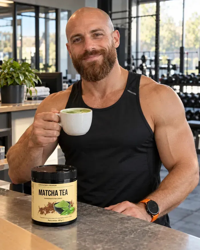 Marco, personal trainer, con la tazza di tè matcha e il barattolo