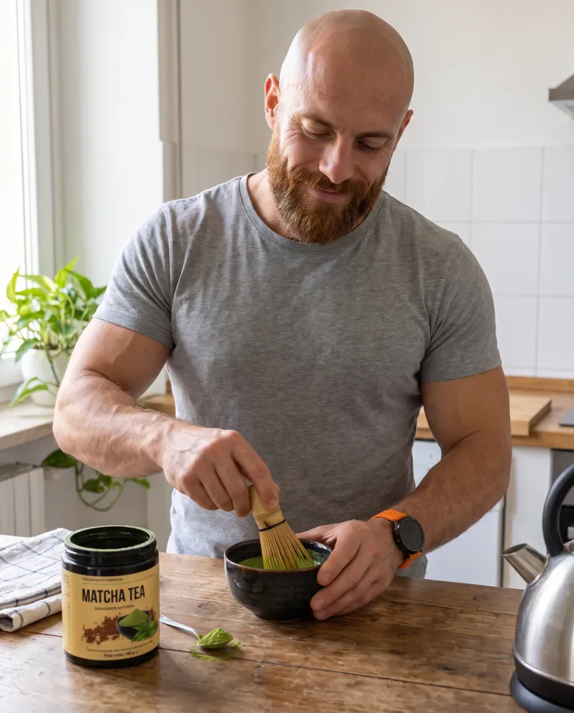 Marco prepara il tè matcha in cucina con il frustino