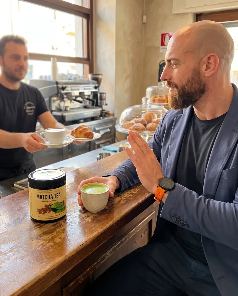 Marco al bar rifiuta cappuccino e cornetto e beve il suo tè matcha