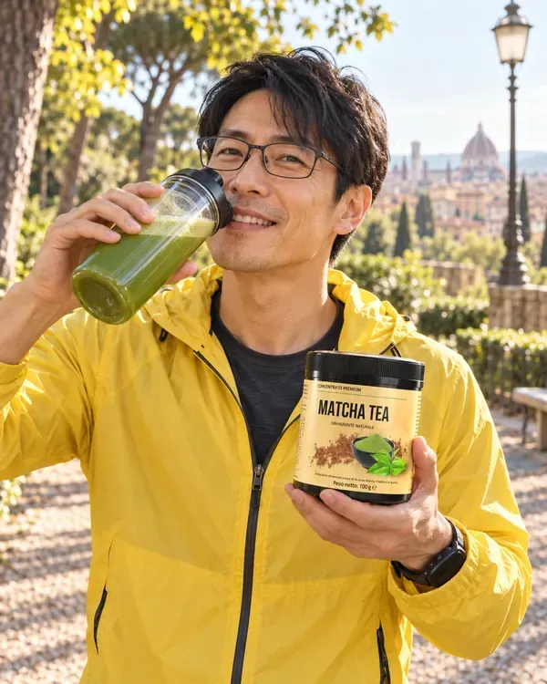Kenji beve tè matcha prima della camminata al parco