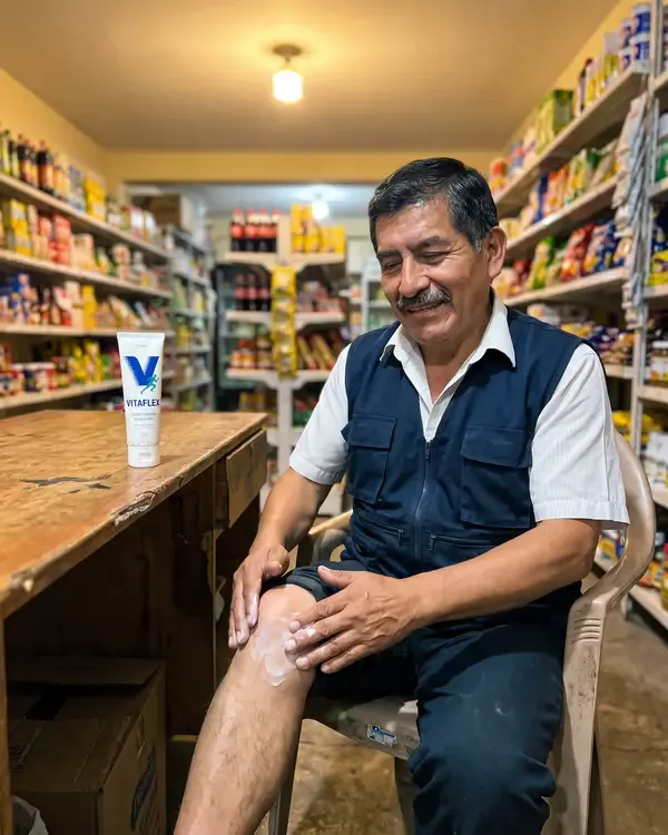 Jorge en la noche masajeándose la rodilla con Vitaflex