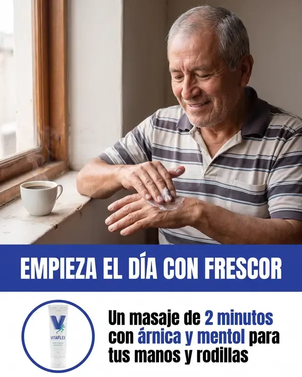 Hombre aplicándose Vitaflex en las manos por la mañana junto a la ventana