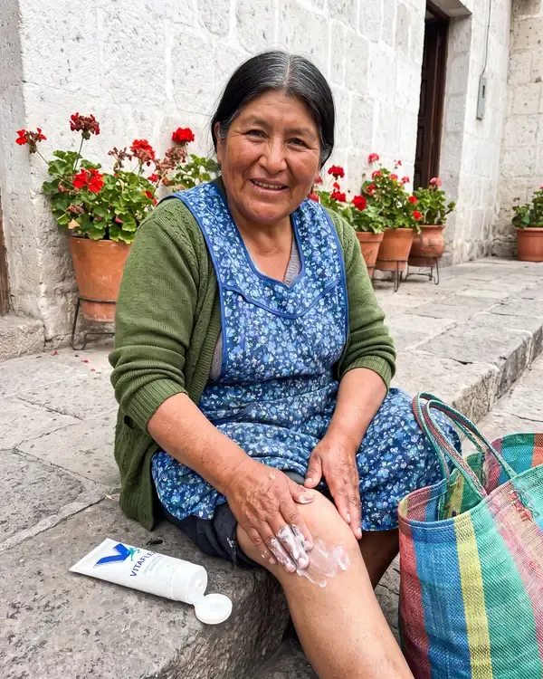 Rosa aplicándose la crema en la rodilla antes de salir al mercado